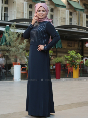 Saliha Lacivert Deri Detaylı Elbise