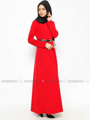 Eva Fashion Kırmızı Kemerli Elbise