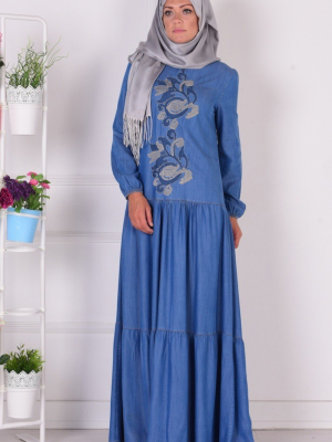 Sefamerve Mavi Nakış ve Taş Detaylı Kot Elbise