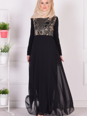 Sefamerve Siyah Pul İşlemeli Şifon Elbise