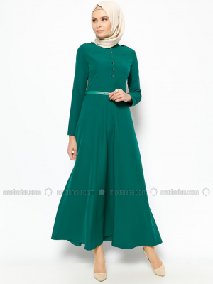 Jamila Zümrüt Yeşili Kemerli Elbise