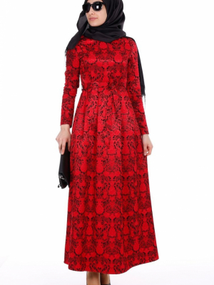 Sefamerve Kırmızı Siyah Jakarlı Desenli Elbise