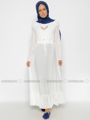 DRL Beyaz Beli Bağcıklı Elbise
