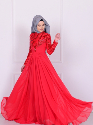 Sefamerve Kırmızı Boncuk İşlemeli Şifon Abiye Elbise