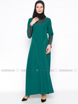 Jamila Yeşil Lazer Kesim Detaylı Elbise