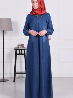 Sefamerve Lacivert Bağcık Detaylı Pileli Kot Elbise