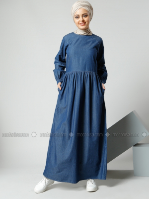 Refka Mavi Natürel Kumaşlı Kot Elbise