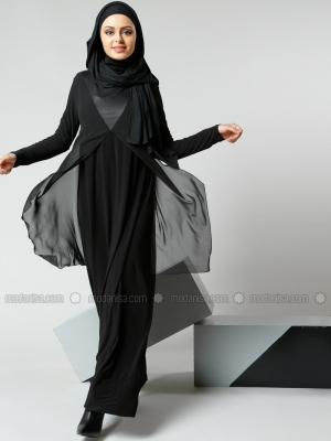 Refka Siyah Şifon Parçalı Elbise