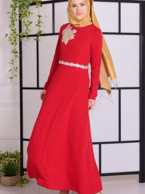 Sefamerve Kırmızı Dantel Detaylı Elbise