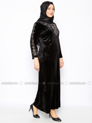 Ginezza Siyah Drop Baskılı Kadife Abiye Elbise