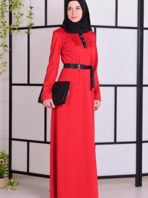 Sefamerve Kırmızı Deri Detaylı Çelik Elbise
