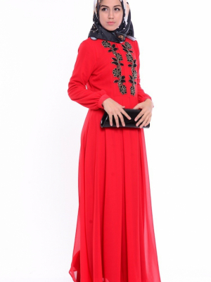 Sefamerve Kırmızı Dantel Detaylı Şifon Elbise