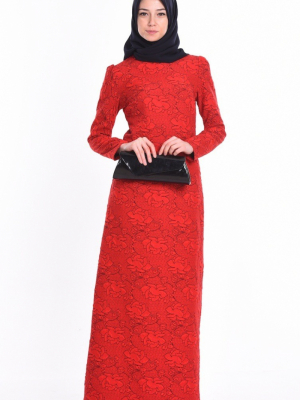 Sefamerve Kırmızı Kabartma Çiçekli Elbise