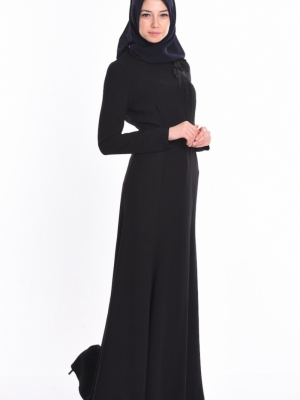 Sefamerve Siyah Nakışlı Krep Elbise