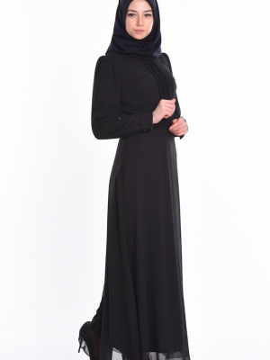 Sefamerve Siyah Şifon Boncuk İşlemeli Elbise