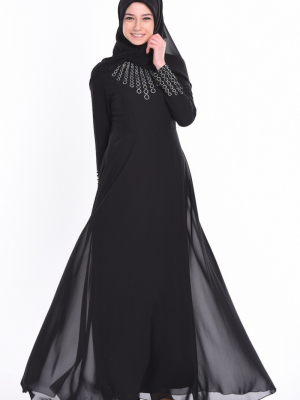Sefamerve Siyah Şifon Taş Baskılı Elbise