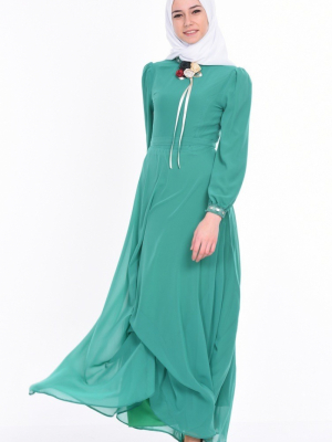 Sefamerve Çağla Yeşil Yaka İşlemeli Şifon Elbise