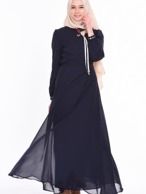 Sefamerve Lacivert Yaka İşlemeli Şifon Elbise