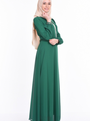 Sefamerve Yeşil Yaka İşlemeli Şifon Elbise
