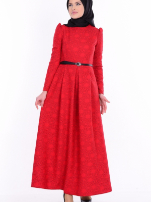 Sefamerve Kırmızı Kemerli Jakarlı Elbise