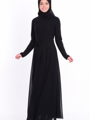 Sefamerve Siyah Şifon Boncuk İşlemeli Elbise