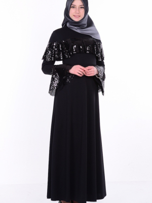 Sefamerve Siyah Payet Detaylı İspanyol Kol Elbise