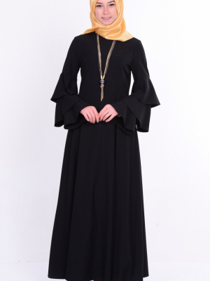 Sefamerve Siyah Kolu Fırfırlı Kolyeli Elbise