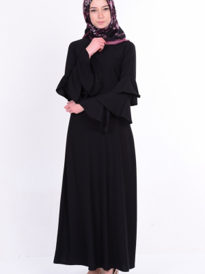 Sefamerve Siyah Kolu Fırfırlı Elbise