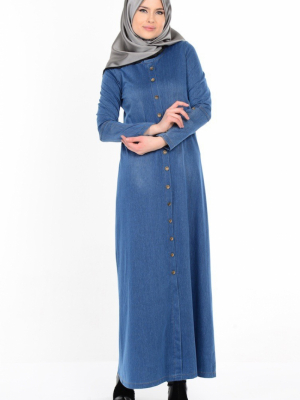 Sefamerve Mavi Düğme Detaylı Elbise