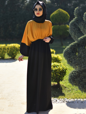 Fatma Aydın Siyah Sarı Beli Büzgülü Elbise