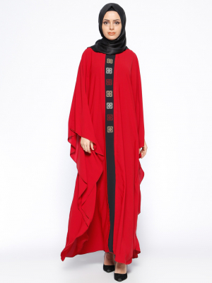Filizzade Kırmızı Siyah Önü Nakışlı Ferace Elbise