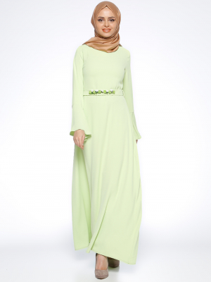 Tuncay Fıstık Yeşili Kemerli Elbise