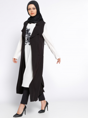 Eva Fashion Ekru Siyah Yelek&Tunik İkili Takım