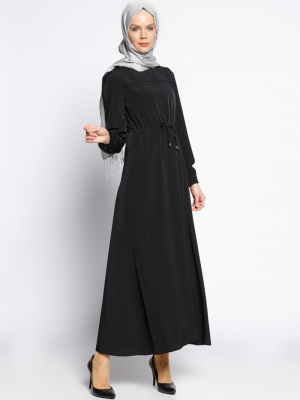 Miss Cazibe Siyah Beli Bağcıklı Elbise