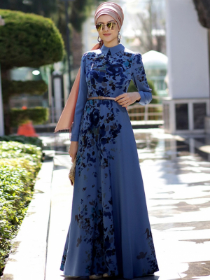 Nilüfer Kamacıoğlu Koyu Mavi Desenli Elbise