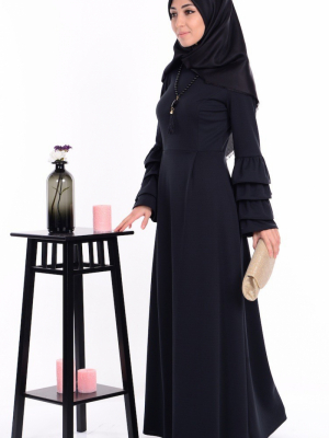 Sefamerve Siyah Kolu Fırfırlı Kolyeli Elbise