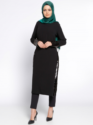 Eva Fashion Siyah Payetli Yırtmaçlı Tunik