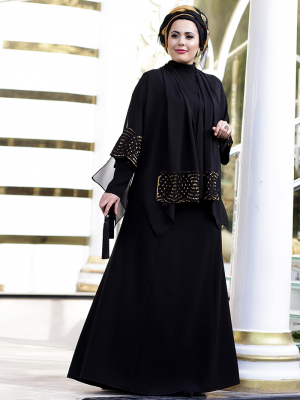 Nesrin Emniyetli Siyah Brode Detaylı Abiye Elbise