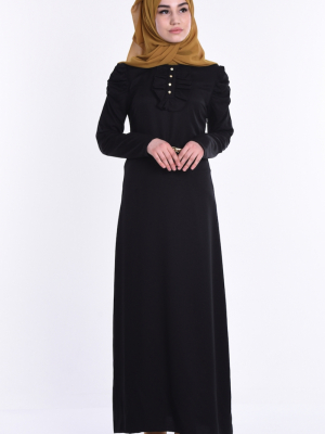 Sefamerve Siyah Fırfırlı Kemerli Elbise