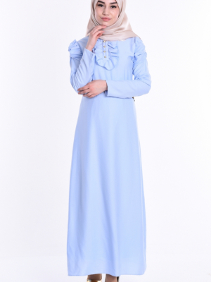 Sefamerve Mavi Fırfırlı Kemerli Elbise