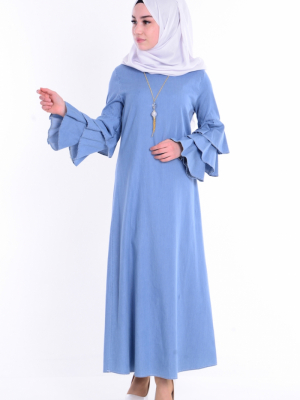 Sefamerve Mavi Kolu Fırfırlı Elbise