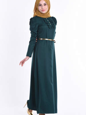 Sefamerve Zümrüt Yeşil Fırfırlı Kemerli Elbise