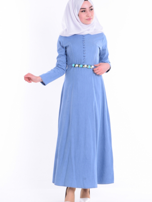 Sefamerve Mavi Düğme Detaylı Kemerli Elbise