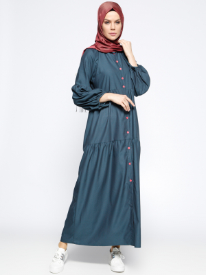 Meryem Acar Yeşil Boydan Düğmeli Elbise