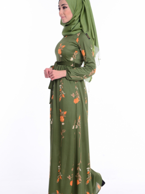 Sefamerve Haki Yeşil Çiçek Desenli Kuşaklı Elbise