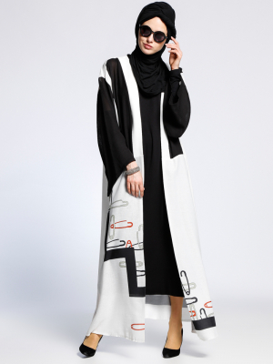 AJAL Siyah Beyaz Desenli Kolsuz Elbise&Ferace İkili Takım