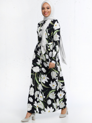 Refka Siyah Natürel Kumaşlı Çiçek Desenli Elbise