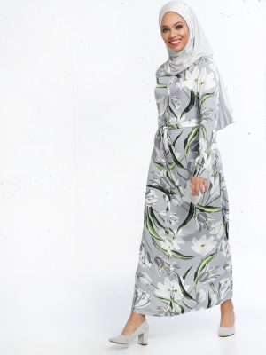 Refka Gri Natürel Kumaşlı Çiçek Desenli Elbise
