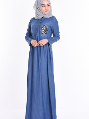 Sefamerve Koyu Mavi Nakış Detaylı Kot Elbise