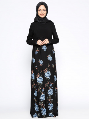 Ginezza Siyah Mavi Çiçek Desenli Elbise